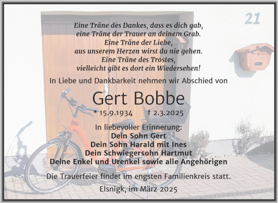 Traueranzeige von Gert Bobbe von Trauerkombi Köthen