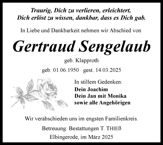 Traueranzeige von Gertraud Sengelaub von Volksstimme Wernigerode