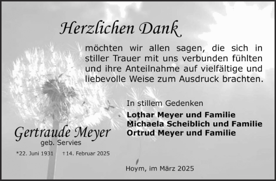 Traueranzeige von Gertraude Meyer von Trauerkombi Aschersleben