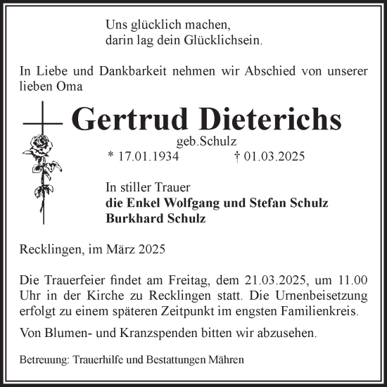 Traueranzeige von Gertrud Dieterichs von Volksstimme Altmark West
