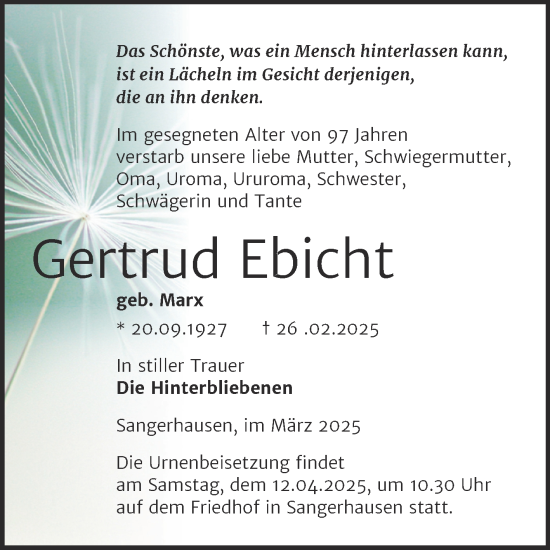 Traueranzeige von Gertrud Ebicht von Trauerkombi Sangerhausen