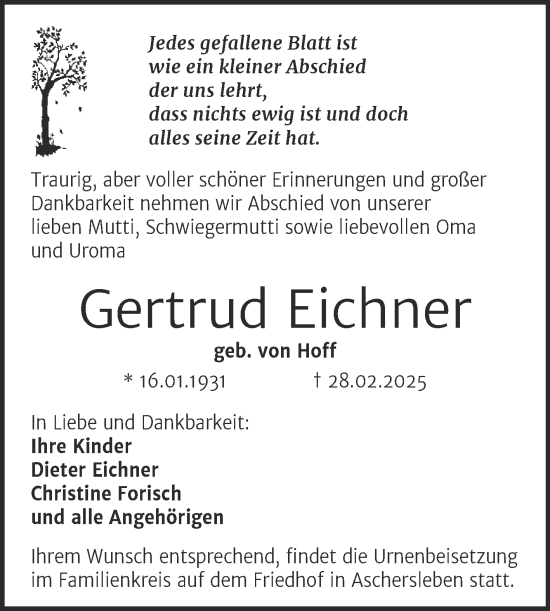 Traueranzeige von Gertrud Eichner von Trauerkombi Aschersleben