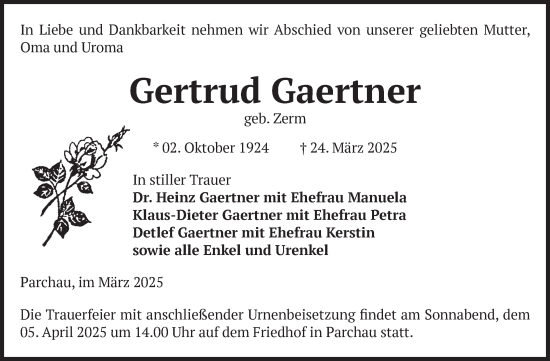 Traueranzeige von Gertrud Gaertner von Volksstimme Burg/Genthin