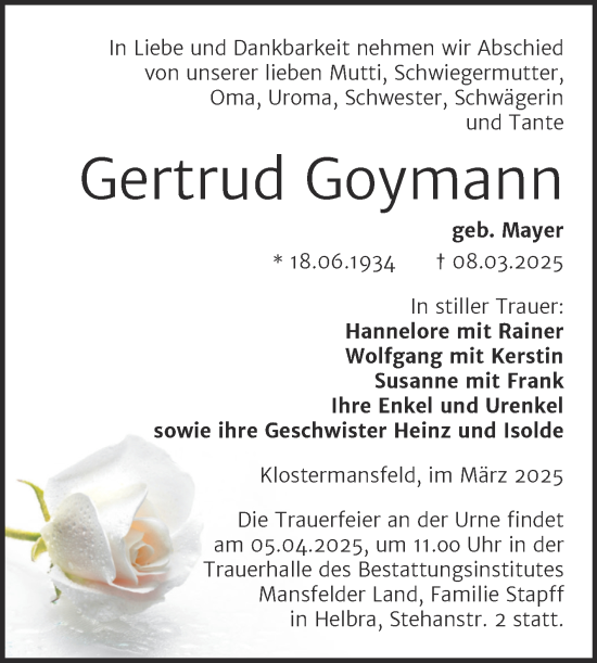 Traueranzeige von Gertrud Goymann von Trauerkombi Mansfelder Land