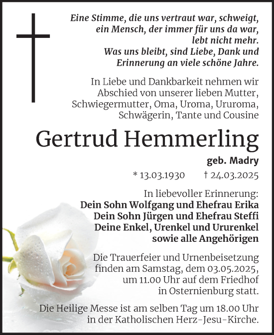 Traueranzeige von Gertrud Hemmerling von Trauerkombi Köthen