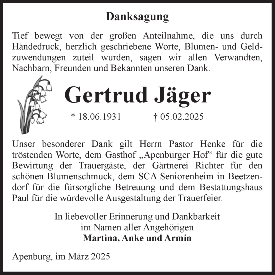 Traueranzeige von Gertrud Jäger von Volksstimme Altmark West