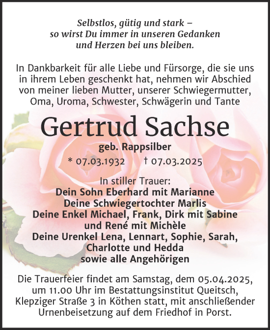 Traueranzeige von Gertrud Sachse von Trauerkombi Köthen