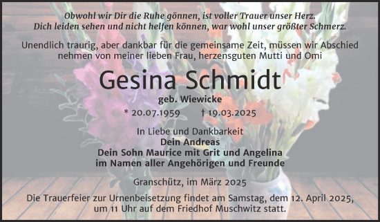Traueranzeige von Gesina Schmidt von Trauerkombi Weißenfels
