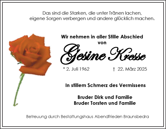 Traueranzeige von Gesine Kresse von Trauerkombi Merseburg