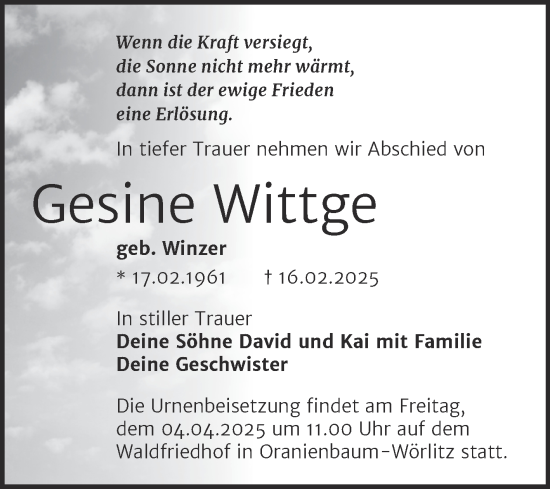 Traueranzeige von Gesine Wittge von Super Sonntag Wittenberg