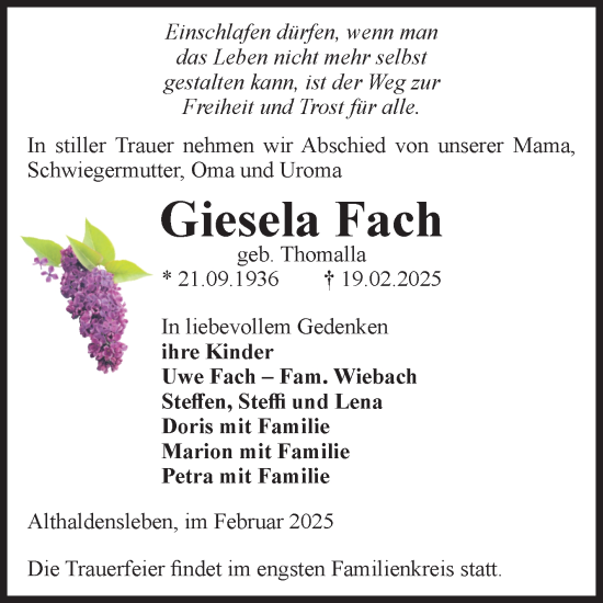 Traueranzeige von Giesela Fach von Volksstimme Haldensleben/Wolmirstedt