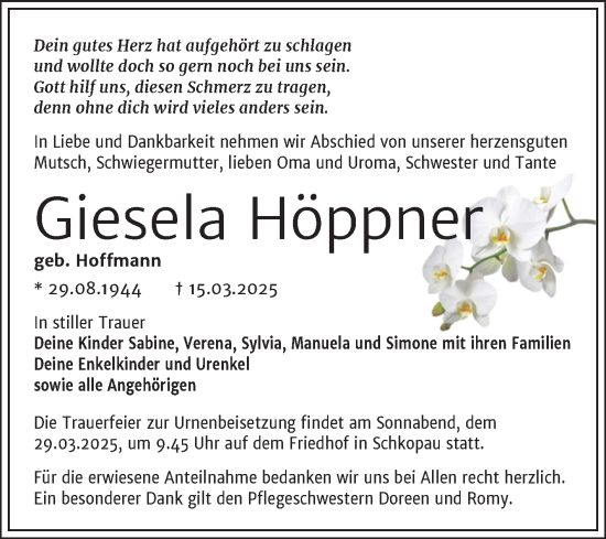 Traueranzeige von Giesela Höppner von Trauerkombi Merseburg