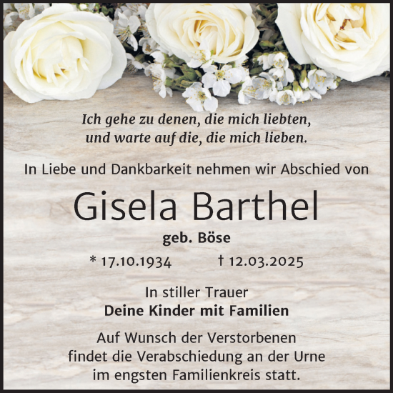 Traueranzeige von Gisela Barthel von Trauerkombi Sangerhausen