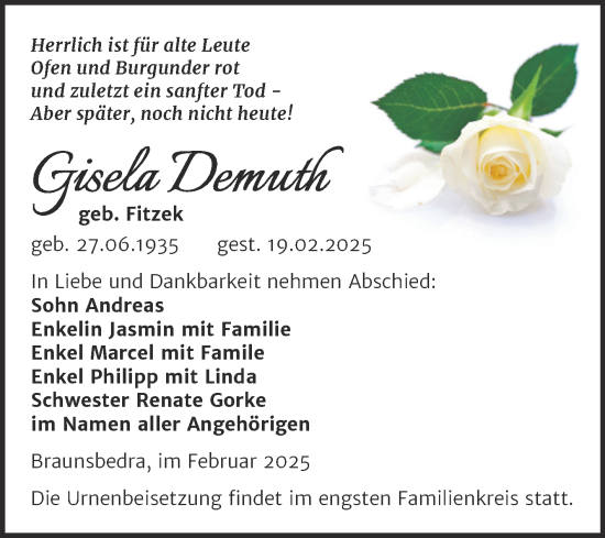 Traueranzeige von Gisela Demuth von Trauerkombi Merseburg