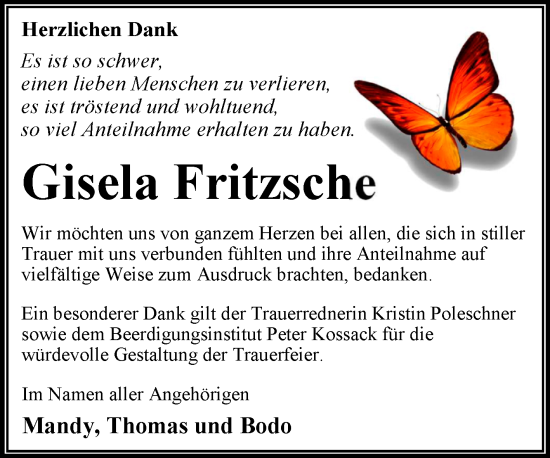 Traueranzeige von Gisela Fritzsche von Trauerkombi Wittenberg
