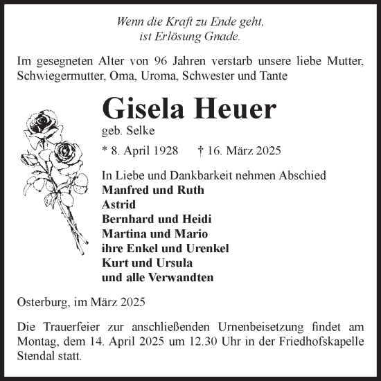 Traueranzeige von Gisela Heuer von Volksstimme Altmark Ost