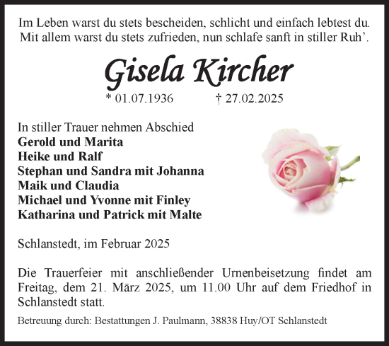 Traueranzeige von Gisela Kircher von Volksstimme Halberstadt