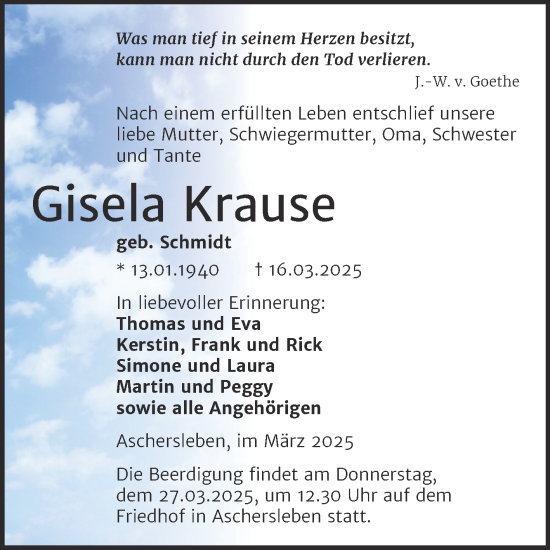 Traueranzeige von Gisela Krause von Trauerkombi Aschersleben