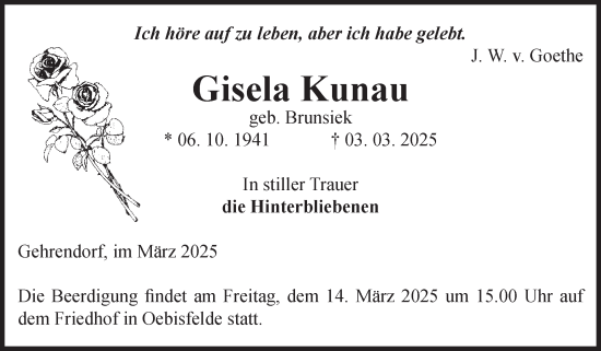 Traueranzeige von Gisela Kunau von Volksstimme Altmark West