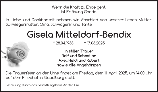 Traueranzeige von Gisela Mitteldorf-Bendix von Volksstimme Wernigerode