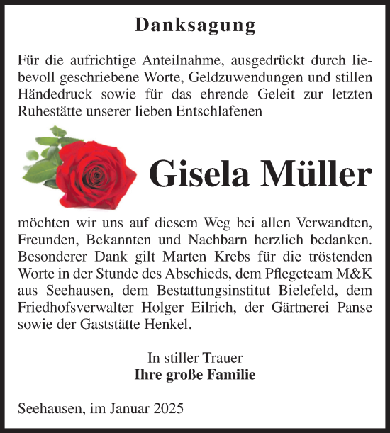 Traueranzeige von Gisela Müller von Volksstimme Altmark Ost