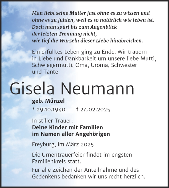 Traueranzeige von Gisela Neumann von Super Sonntag Naumburg/Nebra
