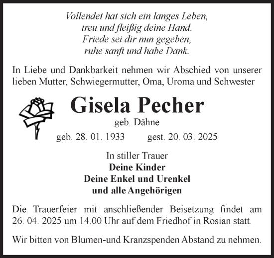 Traueranzeige von Gisela Pecher von Volksstimme Zerbst