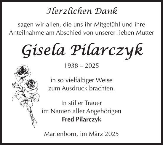 Traueranzeige von Gisela Pilarczyk von Volksstimme Oschersleben/Wanzleben