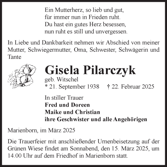 Traueranzeige von Gisela Pilarczyk von Volksstimme Oschersleben/Wanzleben