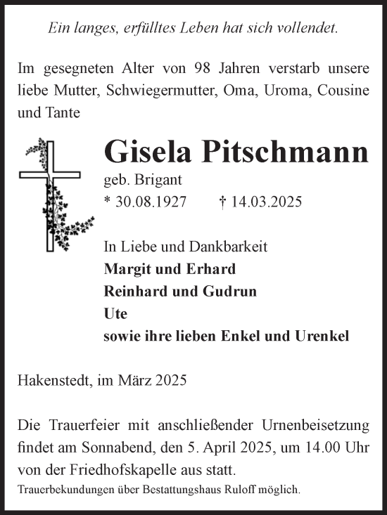 Traueranzeige von Gisela Pitschmann von Volksstimme Haldensleben/Wolmirstedt