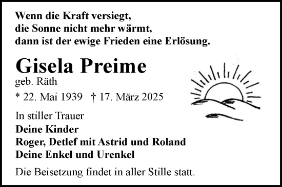 Traueranzeige von Gisela Preime von Volksstimme Magdeburg