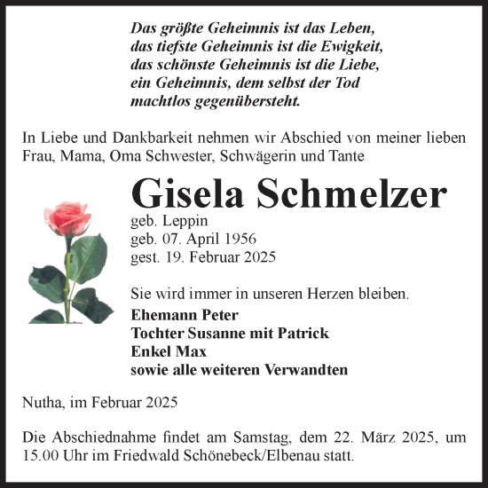 Traueranzeige von Gisela Schmelzer von Volksstimme Zerbst