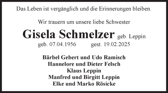 Traueranzeige von Gisela Schmelzer von Volksstimme Altmark Ost