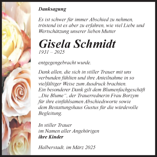 Traueranzeige von Gisela Schmidt von Volksstimme Halberstadt