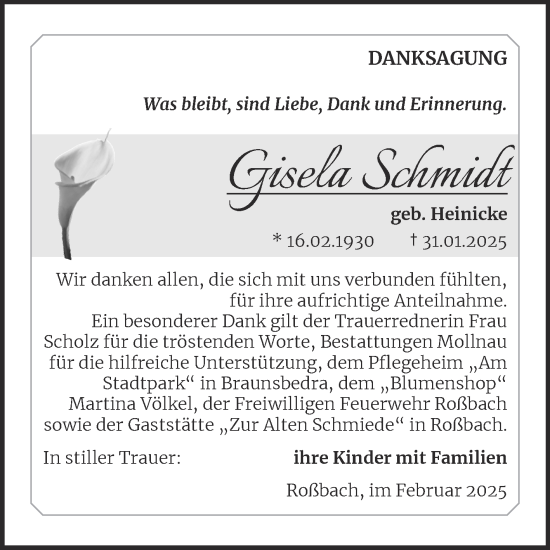 Traueranzeige von Gisela Schmidt von Trauerkombi Merseburg
