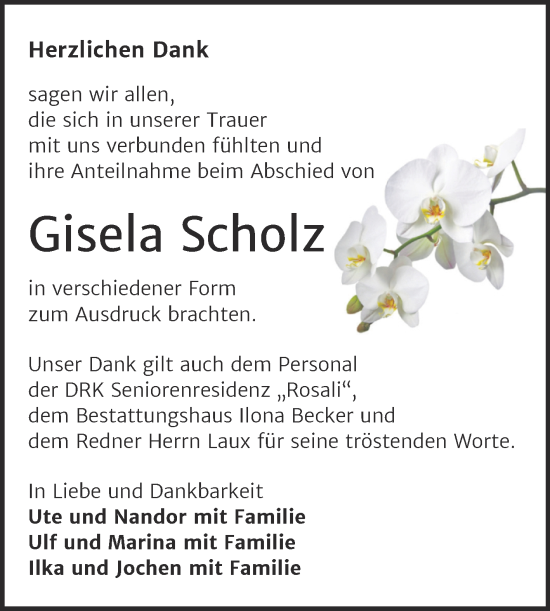 Traueranzeige von Gisela Scholz von Trauerkombi Sangerhausen