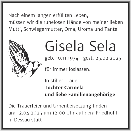 Traueranzeige von Gisela Sela von Trauerkombi Dessau