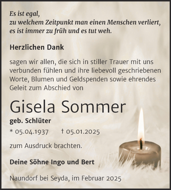 Traueranzeige von Gisela Sommer von Trauerkombi Wittenberg