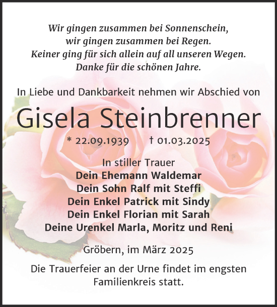 Traueranzeige von Gisela Steinbrenner von Trauerkombi Bitterfeld