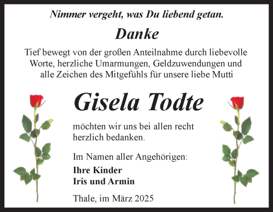 Traueranzeige von Gisela Todte von Trauerkombi Quedlinburg