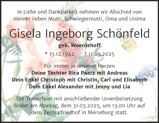Traueranzeige von Gisela Ingeborg Schönfeld von Trauerkombi Merseburg