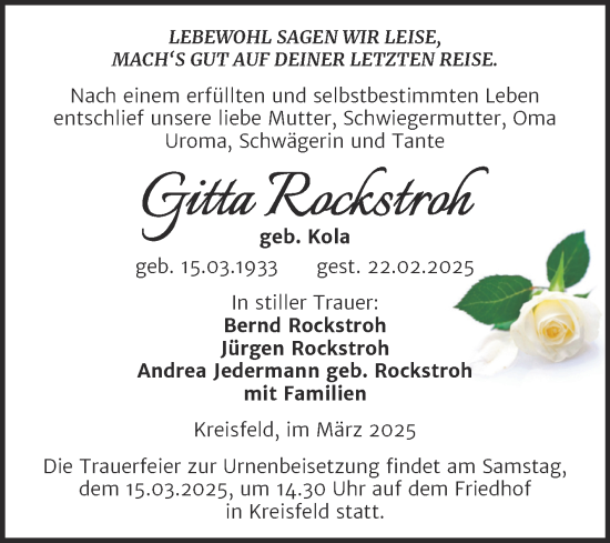 Traueranzeige von Gitta Rockstroh von Trauerkombi Mansfelder Land