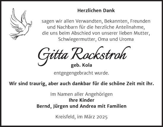 Traueranzeige von Gitta Rockstroh von Trauerkombi Mansfelder Land