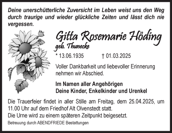 Traueranzeige von Gitta Rosemarie Höding von Volksstimme Magdeburg