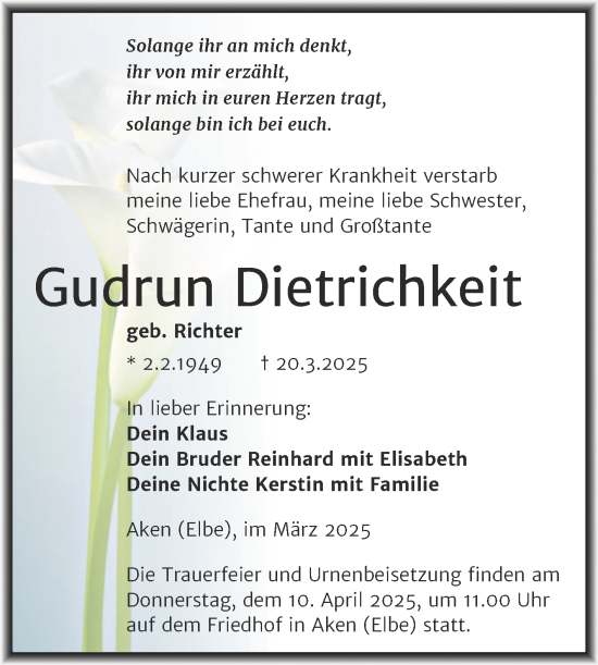 Traueranzeige von Gudrun Dietrichkeit von Trauerkombi Köthen