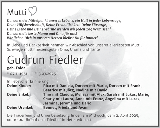 Traueranzeige von Gudrun Fiedler von Trauerkombi Mansfelder Land