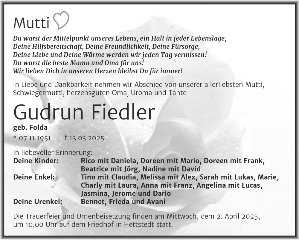  Traueranzeige für Gudrun Fiedler vom 22.03.2025 aus Trauerkombi Mansfelder Land