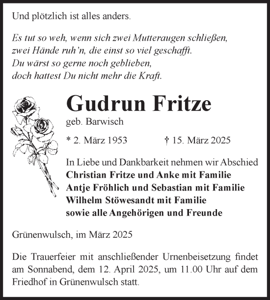 Traueranzeige von Gudrun Fritze von Volksstimme Altmark Ost