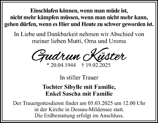 Traueranzeige von Gudrun Küster von Trauerkombi Dessau