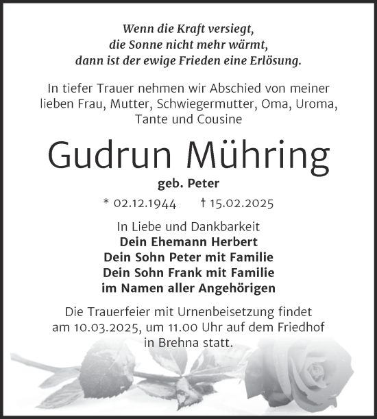 Traueranzeige von Gudrun Mühring von Trauerkombi Bitterfeld